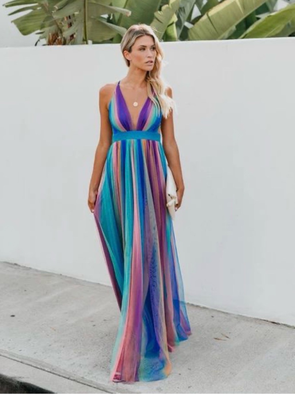 Luxxel VICI Pink and Blue Plunge Maxi Dress